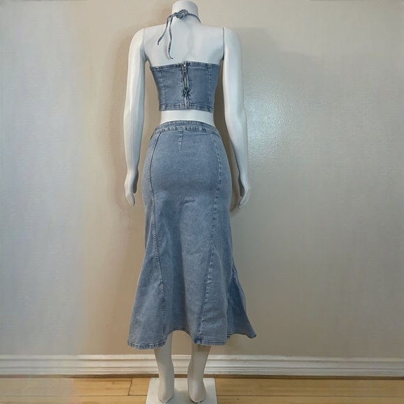 Light blue denim crop top halter neck rose detail high slit midi skirt set - Picture 2 of 11